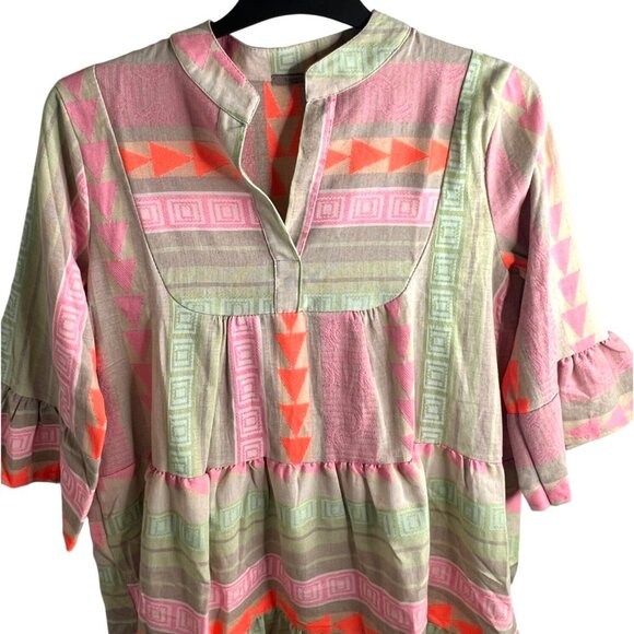 Anthropologie Luisa Perla Tiered Split Neck Bell Slevee Aztec Tribal Dress Small - Picture 9 of 16